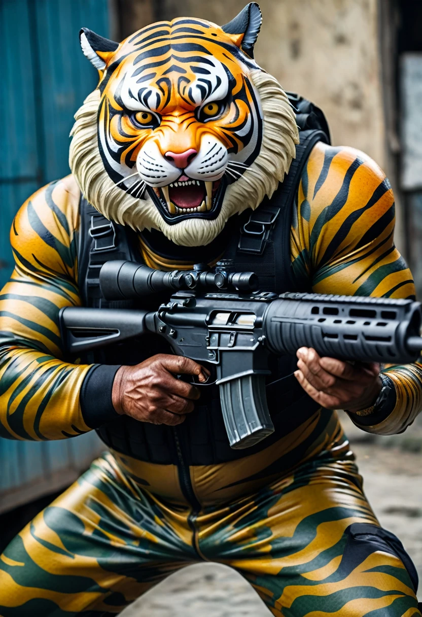 (a dark-skinned fat muscular old man in a bulky camouflage zipper diver suit) shooting with a rifle and (wearing realistic roaring siberian tiger mask), muscular, Bruce Onobrakpeya, sumatraism, stanley artgermm, action, a character portrait, heroic, fierce, snarling