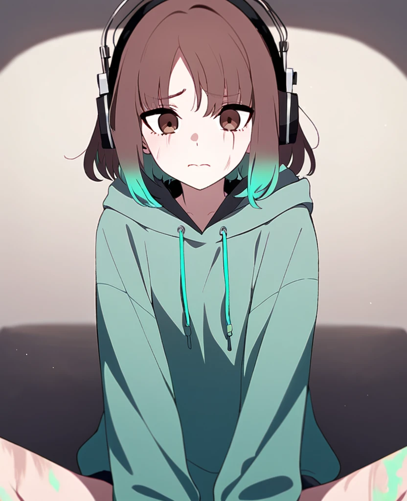 Make me a girl with shoulder length, wavy brown hair with seafoam green underdye. Middle part, brown eyes, self harm scars on her legs and arms, hoodie with headphones. Loves music, has a slight frowning face. Anxious and awkward.