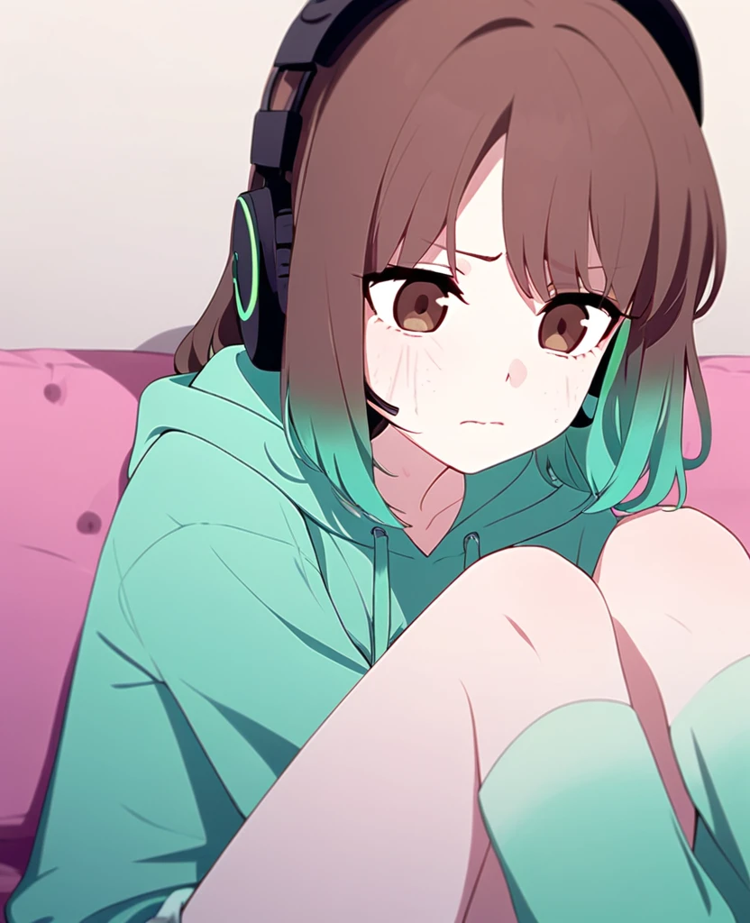 Make me a girl with shoulder length, wavy brown hair with seafoam green underdye. Middle part, brown eyes, self harm scars on her legs and arms, hoodie with headphones. Loves music, has a slight frowning face. Anxious and awkward.