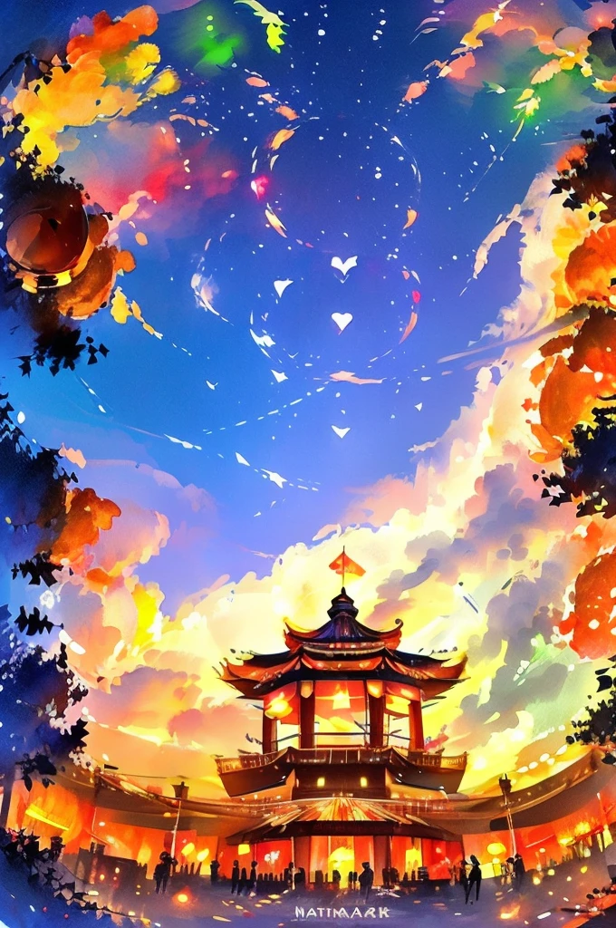 At the Christmas event venue、Japanese festival lanterns and Halloween pumpkins hang from above。The venue was decorated with fireworks and colorful decorations.、There is a lively atmosphere in the air。In manga style、Please draw this Christmas event.。