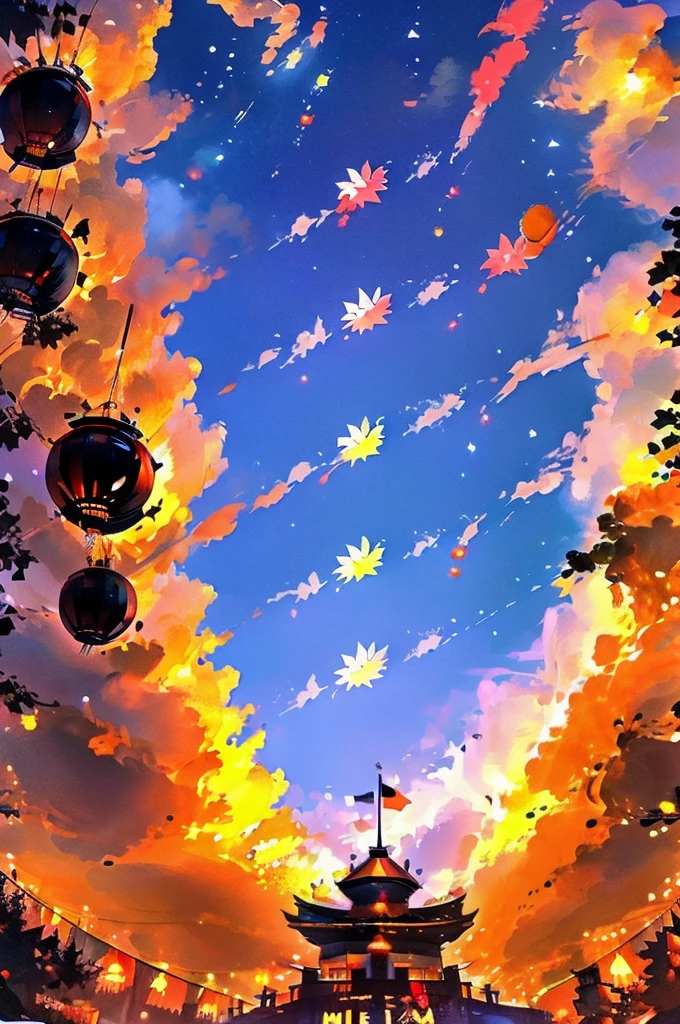 At the Christmas event venue、Japanese festival lanterns and Halloween pumpkins hang from above。The venue was decorated with fireworks and colorful decorations.、There is a lively atmosphere in the air。In manga style、Please draw this Christmas event.。