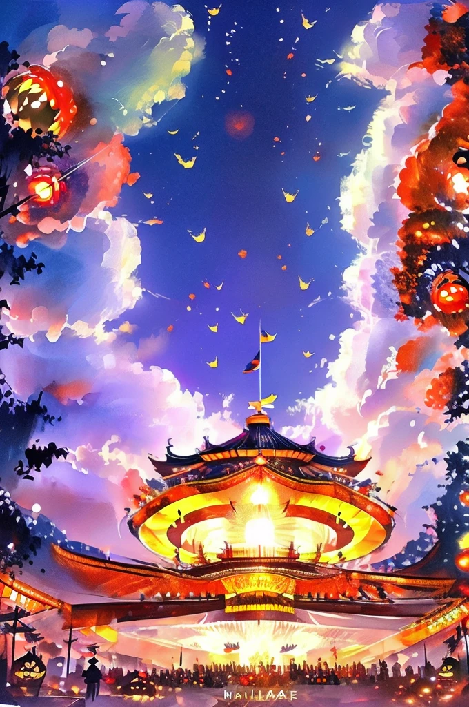 At the Christmas event venue、Japanese festival lanterns and Halloween pumpkins hang from above。The venue was decorated with fireworks and colorful decorations.、There is a lively atmosphere in the air。In manga style、Please draw this Christmas event.。