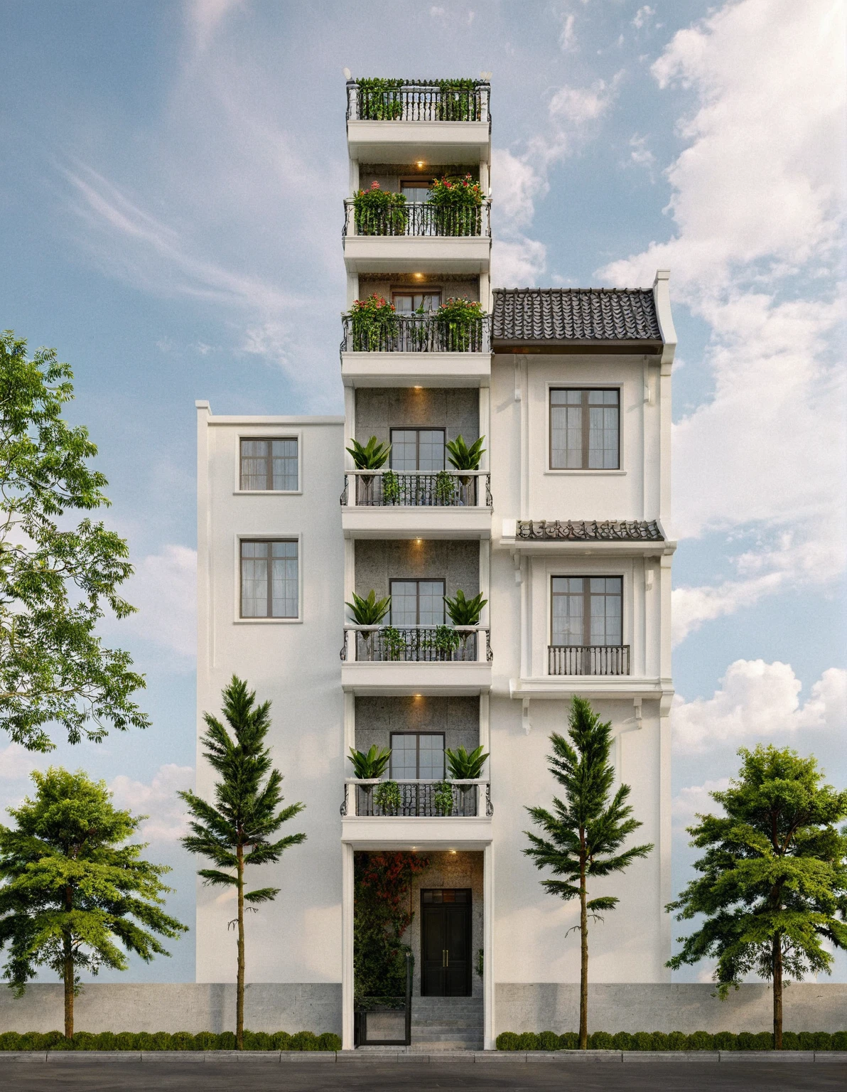 Raw photo,Masterpiece, high quality, best quality, authentic, super detail,
exterior, outdoors, house style indochine on the street ,aiaigroup
road,pavement, grass, trees, sky, cloud, (day:1.1)