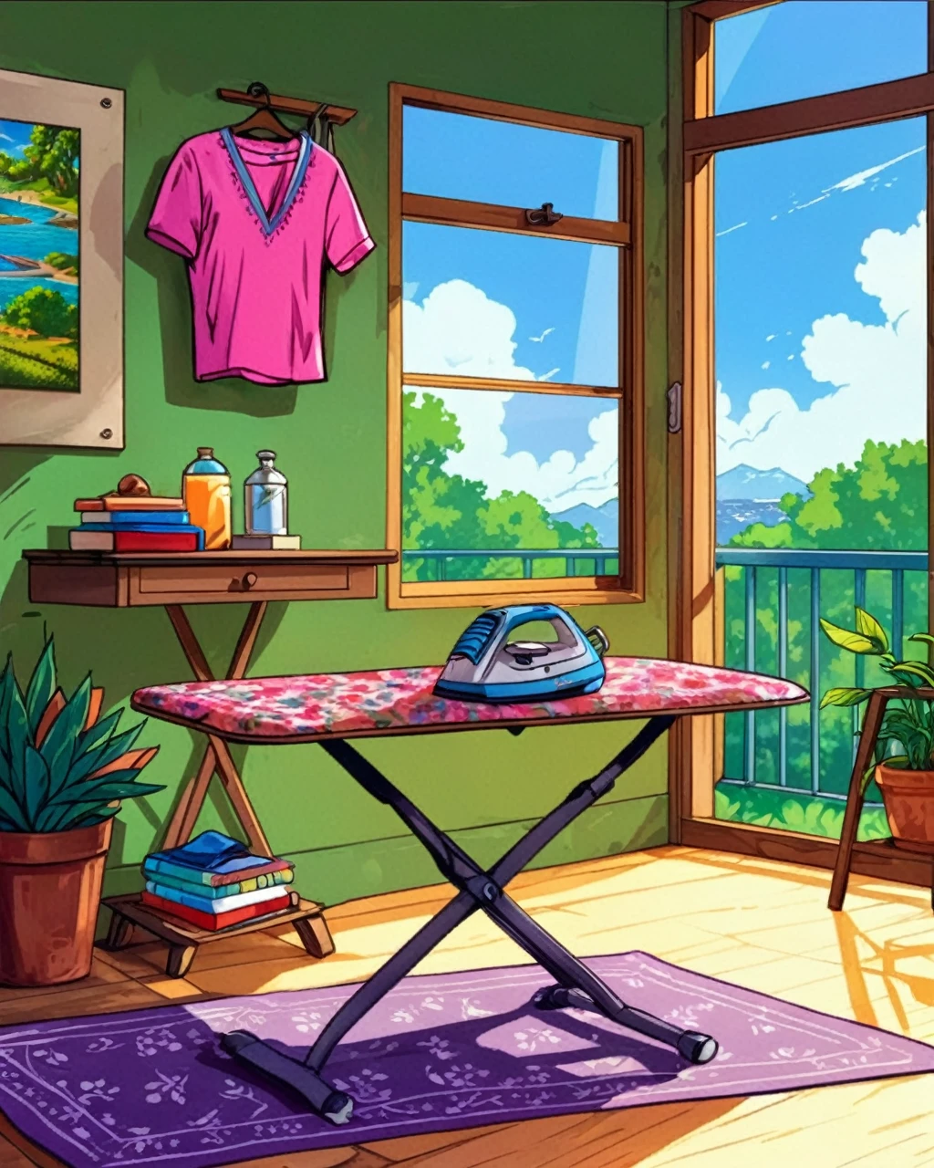 an ironing board sitting on top of a wooden table, background art, gta v loading screen art, interior background art, scenery art detailed, detailed backgrounds, very detailed backgrounds, background of flowery hill, background artwork, beautiful detailed background, very detailed background, gta loading screen art, background canon, house background, highly detailed background, magenta shirt, apartment