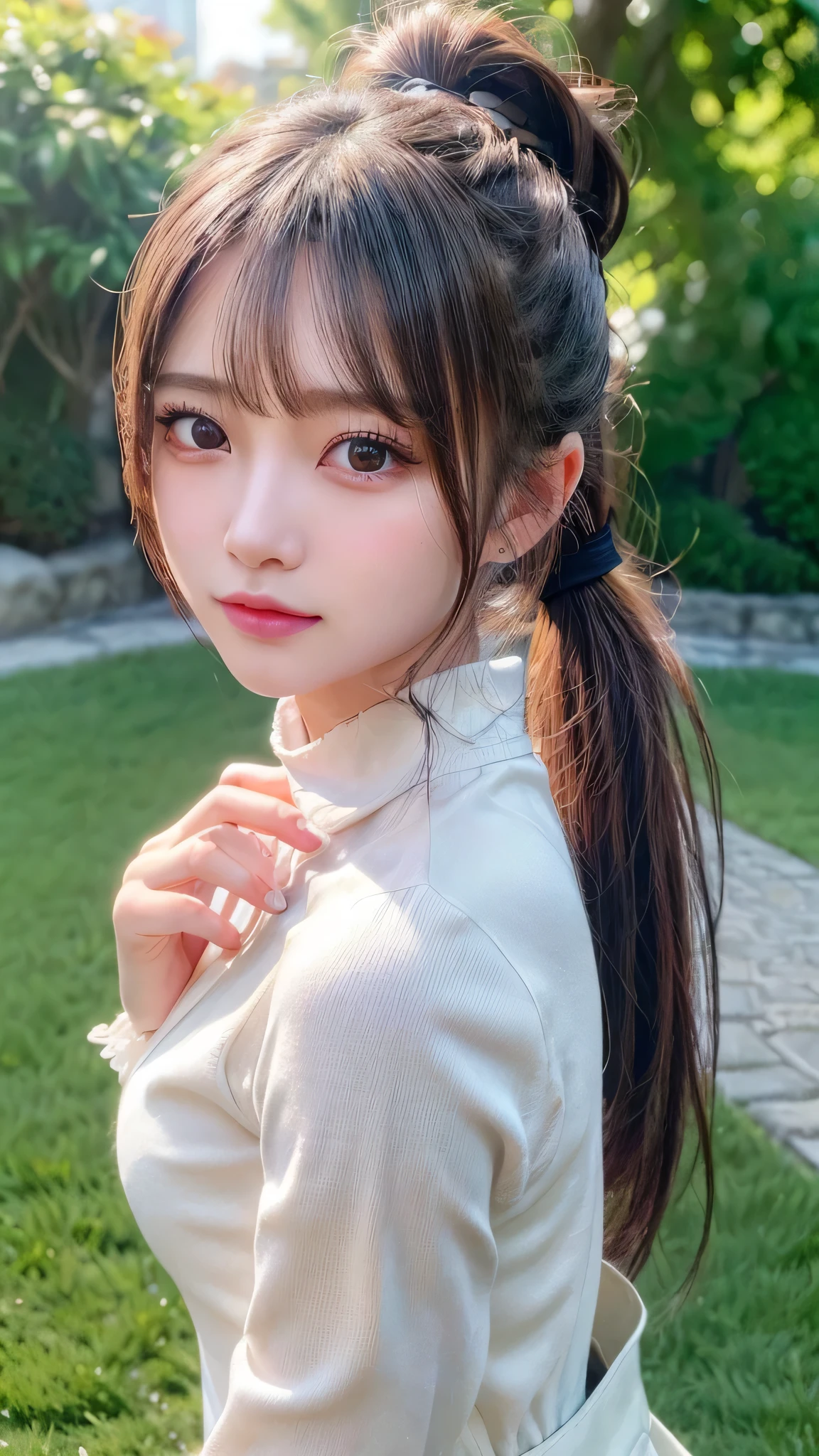 One piece with collar,outdoors,Urban Park,On the lawn,Ultra-detailed, finely detail, hight resolution, 8K Wallpaper, Perfect dynamic composition, Beautiful detailed eyes,Outdoor,Close-up of face,Outdoor,Blushing,Facing forward,,Long hair ponytail,((8k, Raw photo, Best Quality, Mastepiece:1.2), (Realism, Photorealistic:1.4), (Highly detailed 8K wallpapers), Depth of written boundary, Cinematic Lighting, Soft Light, Detailed Beauty Eye,Shiny and smooth light brown ponytail, Asymmetrical bangs, Shiny skin, Ultra-detailed skins ,It is high resolution., High detail, Detailed hairstyle, Detailed facial beauty, Hyper-realistic, Perfect limbs, Perfect Anatomy ,1 Japanese girl,Famous Japanese Idols, Perfect female body,A shy smile,Short eyelashes,Double-edged eyelids,Look straight here,Hair style: ponytail,