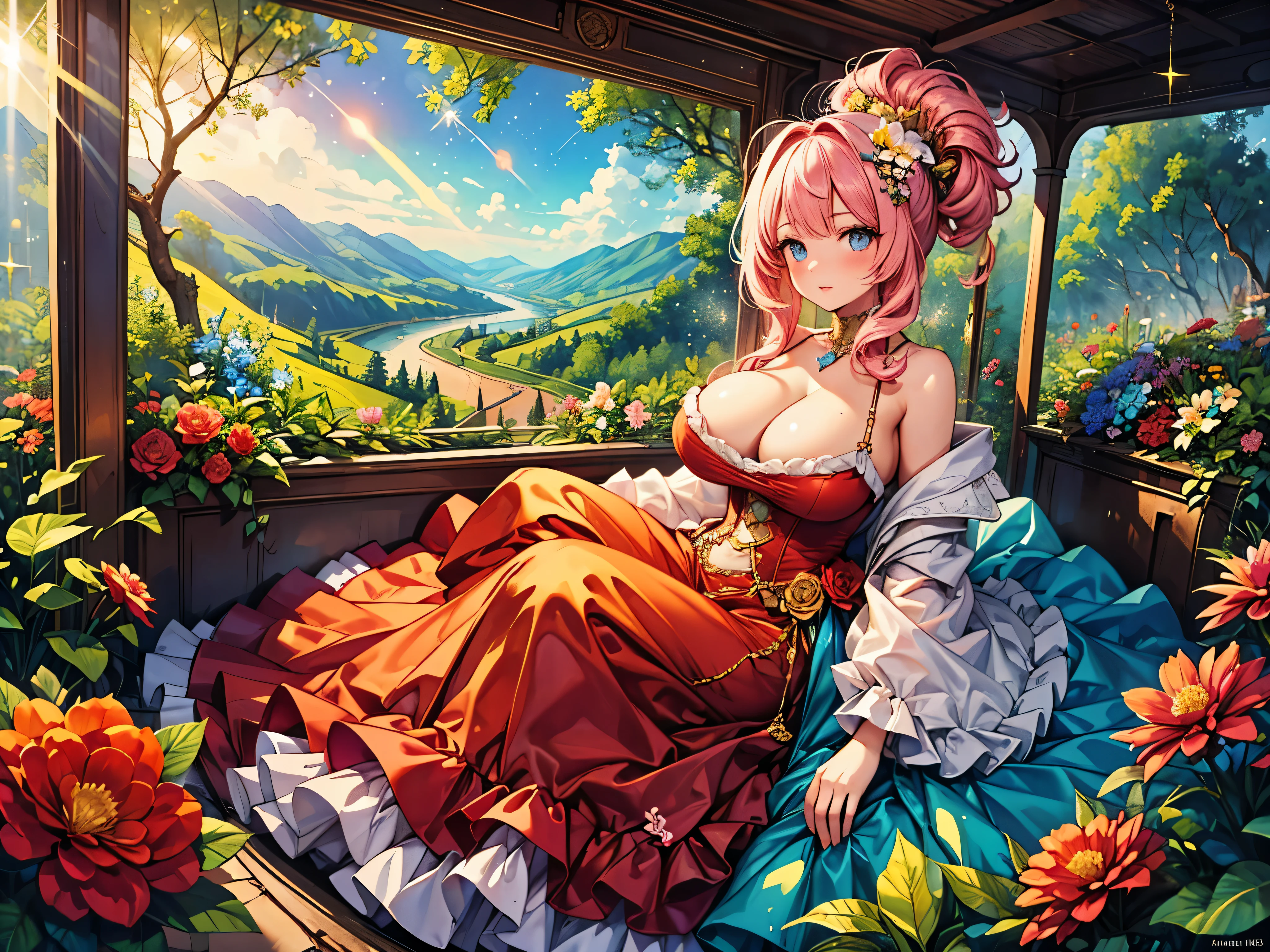 ((Moe anime art style:1.2)), (((masterpiece))), (((best quality))), ((ultra detailed)), (illustration), ((an extremely delicate and beautiful)), ((super detailed skin)), (((8K))), BREAK (((solo girl, A young-looking princess))), (18 years old), ((full body)), (sit astride, straddling), BREAK (((Shiny dark red taffeta fabric))), ((Dense lace, Long train, Lots of frills)), (((Full-length crinoline hoop skirt, Beautiful and luxurious Marie Antoinette English gown))), BREAK (((huge breasts))), ((breast focus, cleavage cutout)), Sweat on the chest, BREAK (((Super delicate and beautiful face))), ((Beautiful Lips, Delicate beautiful eyes)), ((embarrassed)), BREAK bangs, (((Pink Hair, Fluffy ponytail, Curly Hair, Expressive hair, very voluminous long hair))), Beautiful silver and jeweled hair ornaments, BREAK (((nature))), (in forest), ((so many colorful flowers)), ((Flowing petals)), Particles of light pouring down, (light sparkles:1.5), (light leaks:1.5), (depth of field:1.5),((magnificent panorama view:1.5)),