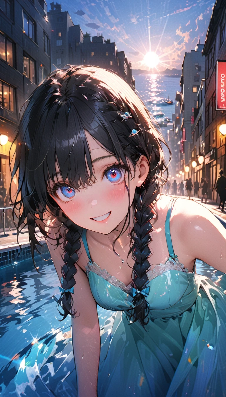 1 Female\(prince,cute,cute,20-year-old,Long braids,Black Hair,Eye color: Ocean Blue,、Neon color、Big eyes,Dynamic pose,,Loose-lipped,Wearing a beautiful lace dress,Poolside、Shiny Pool、My reflection in the pool with the sun reflecting off,Scared,Playfully、panic、smile、Bitter smile、Confused,(Grab her throat),avert your eyes,look up\), break ,background\(city,coastal\), break ,quality\(8K,非常に精細なCGユニットのwallpaper, masterpiece,High resolution,top-quality,top-quality real texture skin,Surreal,Increase the resolution,RAW Photos,最高quality,Very detailed,wallpaper,Cinema Lighting,Ray-tracing,Golden Ratio\),[Browsing Caution]
