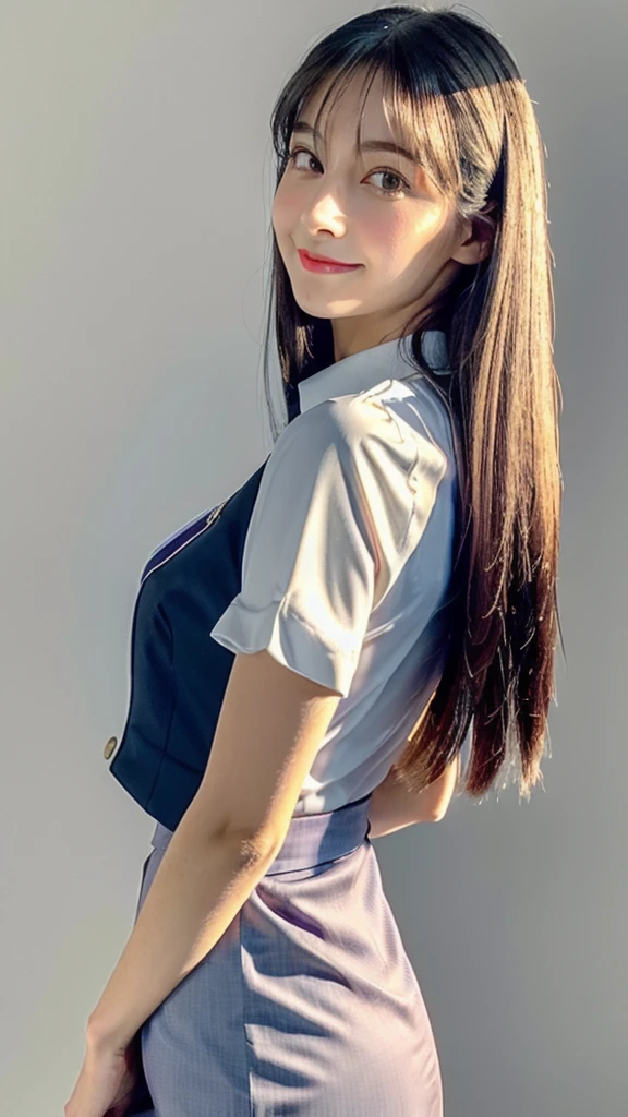 1girl,beautiful vintage color, instagram (photorealistic, high resolution:1.4), ((puffy eyes)), looking at viewer, , full body (8k, RAW photo, best quality, masterpiece:1.2), (realistic, photo-realistic:1.37),(sharp focus:1.2), professional lighting, photon mapping, radiosity, physically-based rendering, (pale skin:1.2),(small breasts:1.2), looking at viewer, (middle hair:1.5), portrait, purple eyes, (sliver hair:1.1),bangs, (simple background:1.4), solo, upper body, realistic,(masterpiece:1.4),(best quality:1.4),(shiny skin),fashi-girl,makeup,smile(skinny,closed mouth,shy :1.3) ,(standing,black Stewardess uniform,Necromancer:1.1),huge bust,sexy pose ,