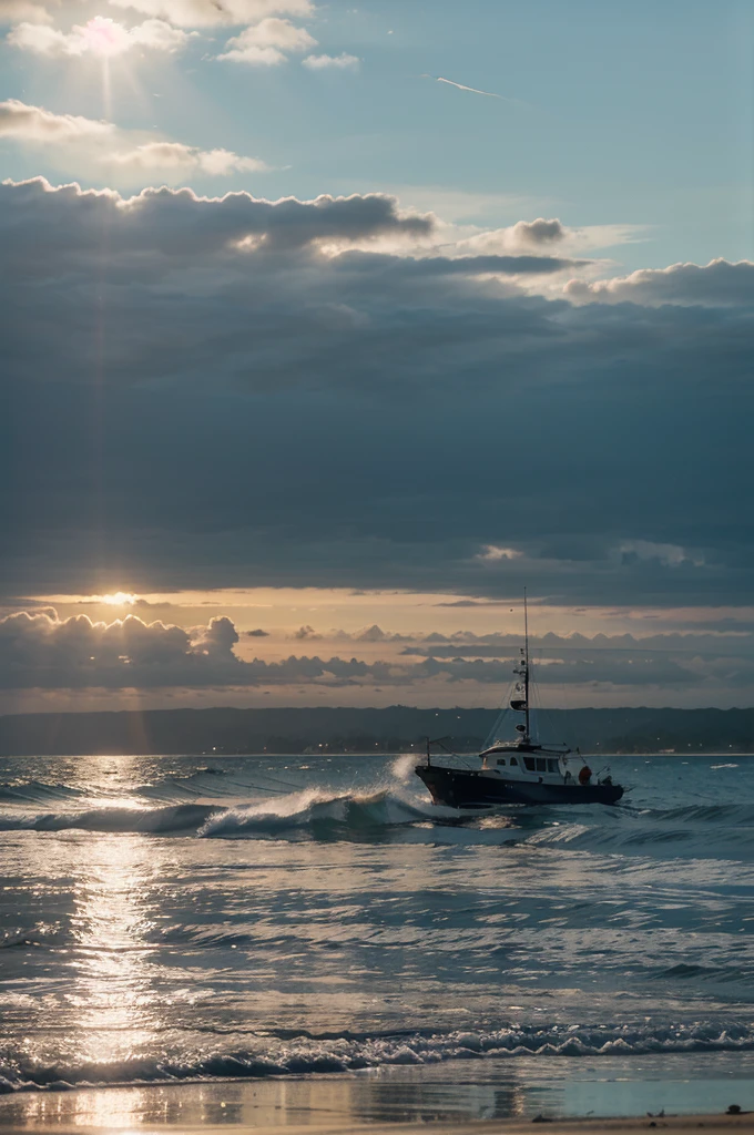 Photo of a beautiful view on the beach at dusk. Langit berwarna jingga kemerahan, creating stunning gradations of color over the horizon. The sun was almost setting, half of it is still visible, emitting soft rays that reflect on the surface of the sea. Small waves slowly approach the shore, gently slapping white sand. Di kejauhan, the silhouette of a fishing boat is visible, adds a peaceful and calm impression to this photo. Several seagulls flew low over the water, as if enjoying this beautiful moment. The coconut tree on the right of the photo casts a beautiful shadow on the sand, strengthens the tropical atmosphere.