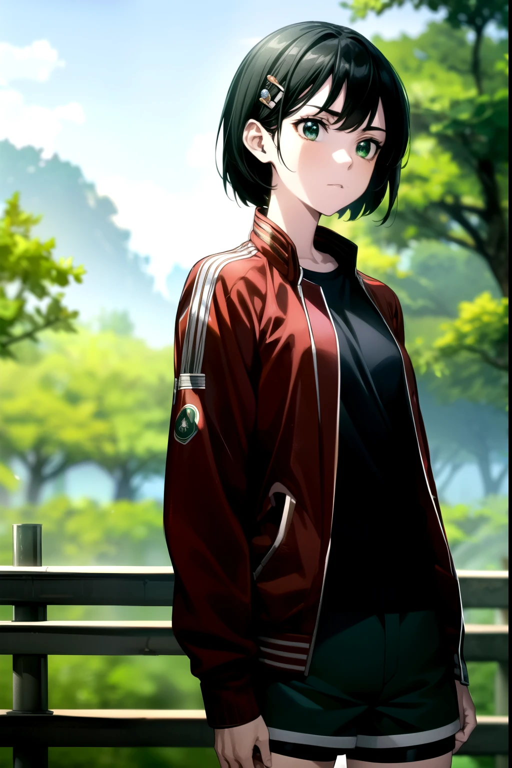 Suguhakirigaya, Suguhakirigaya, short hair, Black Hair, hair ornaments, Hair Clip, (Green Eyes:1.3),
break jacket, Shorts, short Shorts, blue Shorts, Track jacket, dolphin Shorts, gym Shorts, (Red jacket:1.2), shirt, (black shirt:1.2),
break outdoors, nature, forest, sun, null,
break looking at viewer, (Cowboy Shot:1.5),
break (masterpiece:1.2), Highest quality, High resolution, unity 8k wallpaper, (figure:0.8), (Beautiful attention to detail:1.6), Highly detailed face, Perfect lighting, Highly detailed CG, (Perfect hands, Perfect Anatomy),