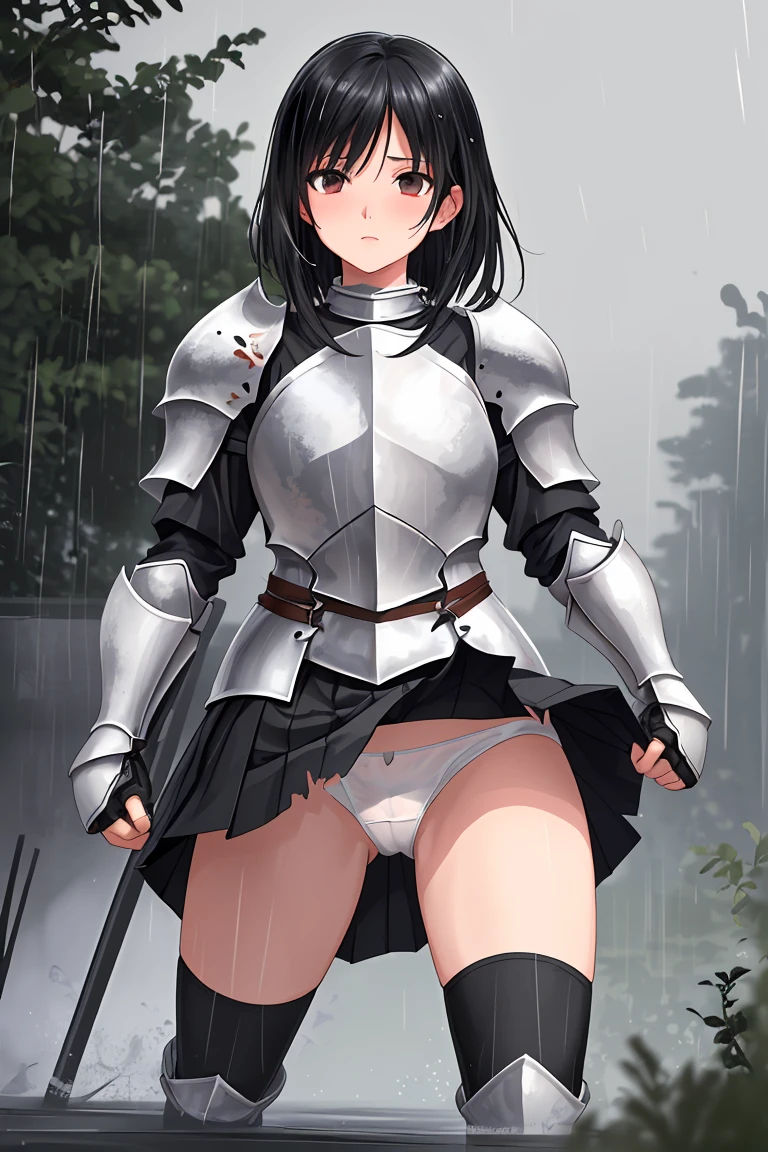 female knight　Black Armor　Torn white skirt　White underwear　Black Hair　battlefield　heavy rain　Shortcuts