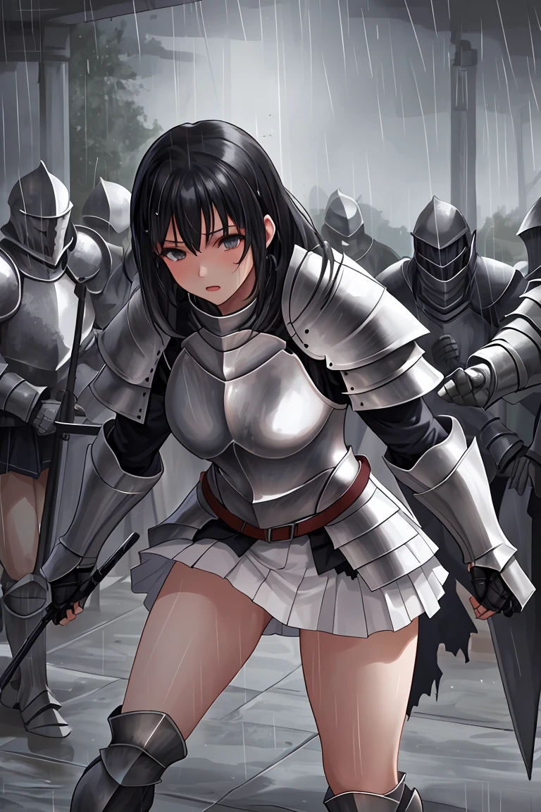 female knight　Black Armor　Torn white skirt　White underwear　Black Hair　battlefield　heavy rain　Shortcuts