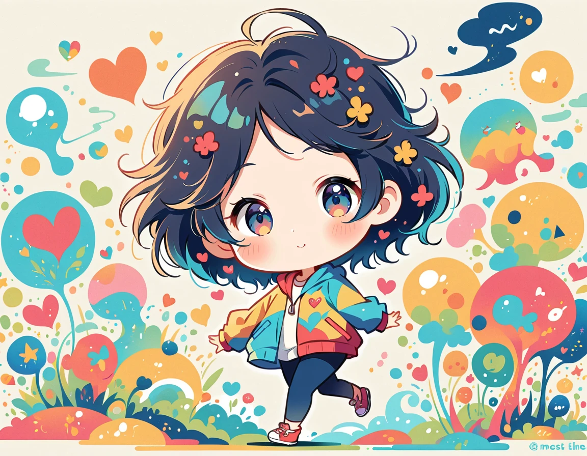 Mai Yoneyama style, Simple Line Initialism，Abstract art，Urban Background, colorful hearts ,(((The most beautiful girl of all time))), (((chibi))), (((Cute amoeba))), jogging