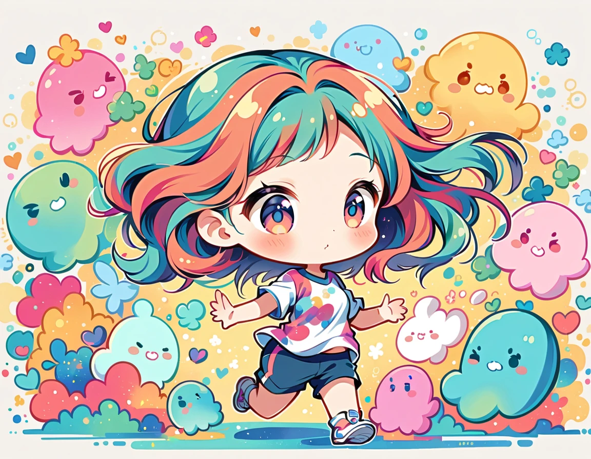 Mai Yoneyama style, Simple Line Initialism,Abstract art,Urban Background, colorful hearts ,(((The most beautiful girl of all time))), (((chibi))), (((Cute amoeba))), jogging