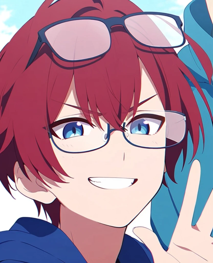 Make me an anime boy with red hair, glasses, blue eyes. A smug expression with a blue hoodie on.