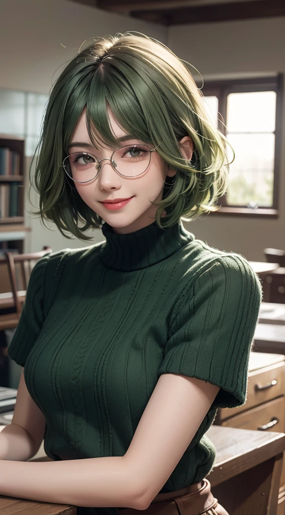 bowl cut, green hair colour,smile, rimless eyewear, UHD, retina, masterpiece, ccurate, anatomically correct, textured skin, super detail, high details, high quality, best quality, highres, 1080P, HD, 4K, 8k, 16k