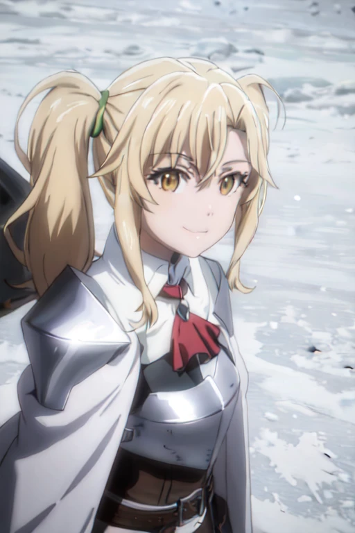 GoblinSlayer, NobleFencer, solo, girl1, looking at viewer, smile, brown eyes, cape, armor, shoulder armor, portrait, red ascot, snow, outdoor