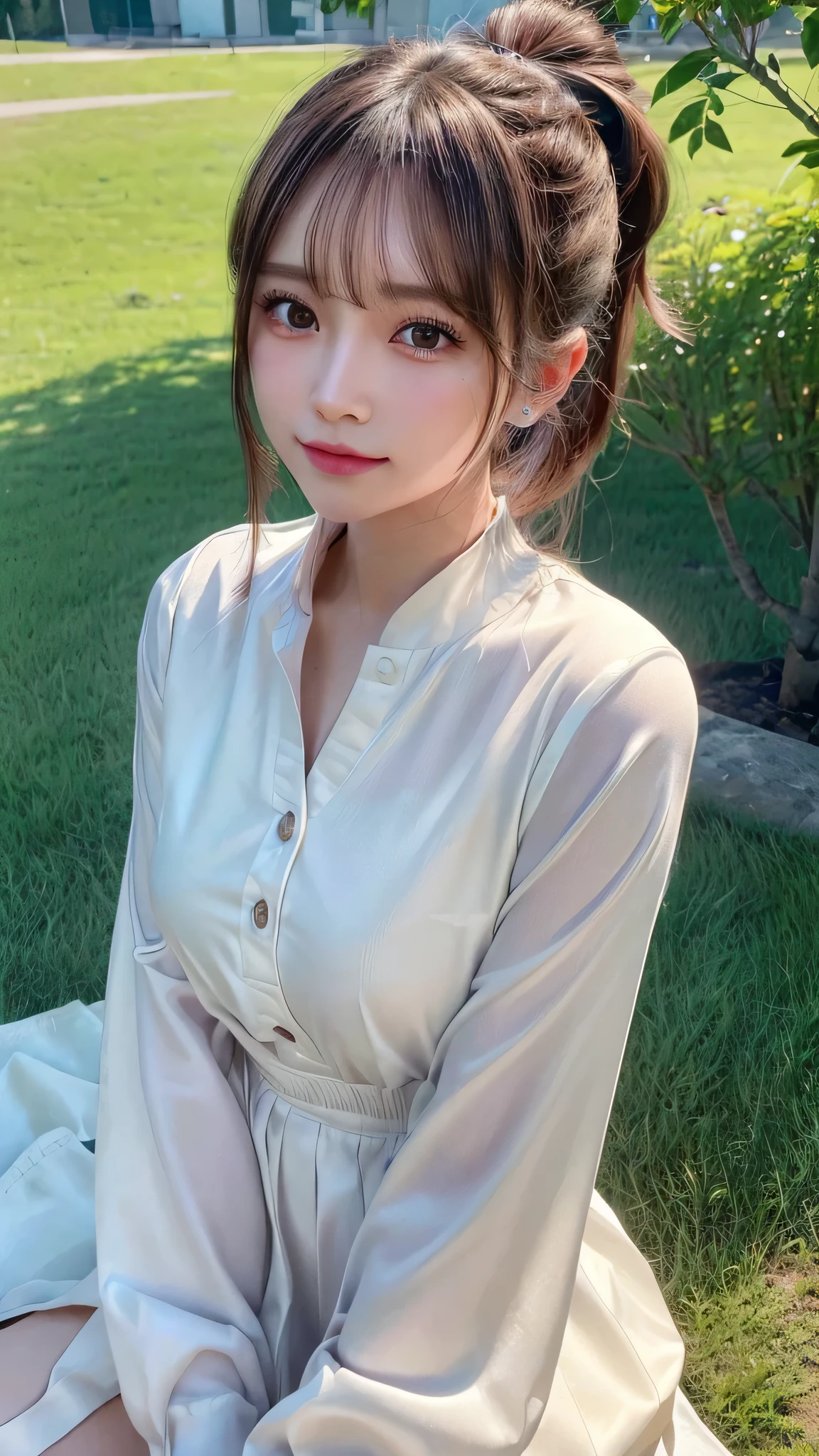 One piece with collar,outdoors,Urban Park,On the lawn,Ultra-detailed, finely detail, hight resolution, 8K Wallpaper, Perfect dynamic composition, Beautiful detailed eyes,Outdoor,Close-up of face,Outdoor,Blushing,Facing forward,,Long hair ponytail,((8k, Raw photo, Best Quality, Mastepiece:1.2), (Realism, Photorealistic:1.4), (Highly detailed 8K wallpapers), Depth of written boundary, Cinematic Lighting, Soft Light, Detailed Beauty Eye,Shiny and smooth light brown ponytail, Asymmetrical bangs, Shiny skin, Ultra-detailed skins ,It is high resolution., High detail, Detailed hairstyle, Detailed facial beauty, Hyper-realistic, Perfect limbs, Perfect Anatomy ,1 Japanese girl,Famous Japanese Idols, Perfect female body,A shy smile,Short eyelashes,Double-edged eyelids,Look straight here,Hair style: ponytail,