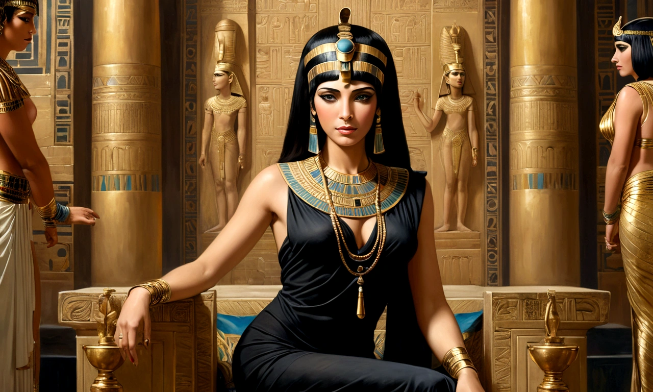 cleopatra painting, beautiful at the height of her 22 years in a sensual black dress, jois, a stunning beauty