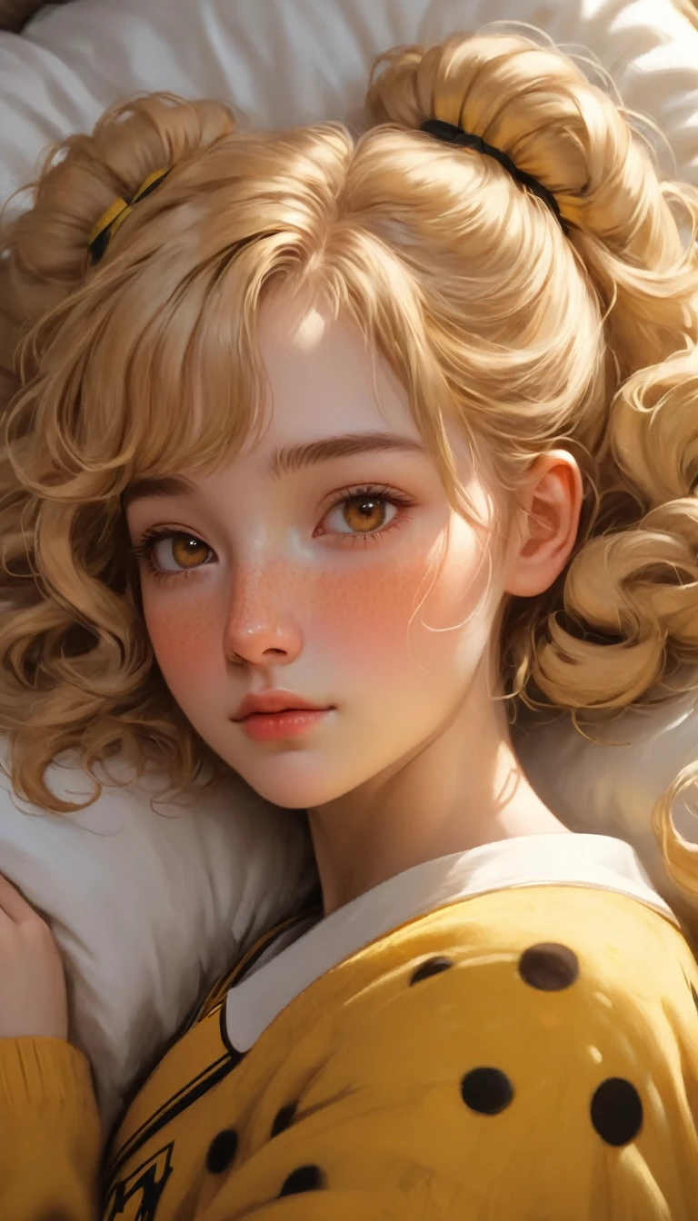 best quality, Masterpiece, Hogwarts students, Hufflepuff, Short hair with high twin tails., Short hair with golden blonde twin tails.,beautiful girl sleeping, cute and bright, Freckles on the face, brown eyes details, detailed face, Beautiful skin, soft light, mysterious, soft shadow, Fine texture, dynamic light,