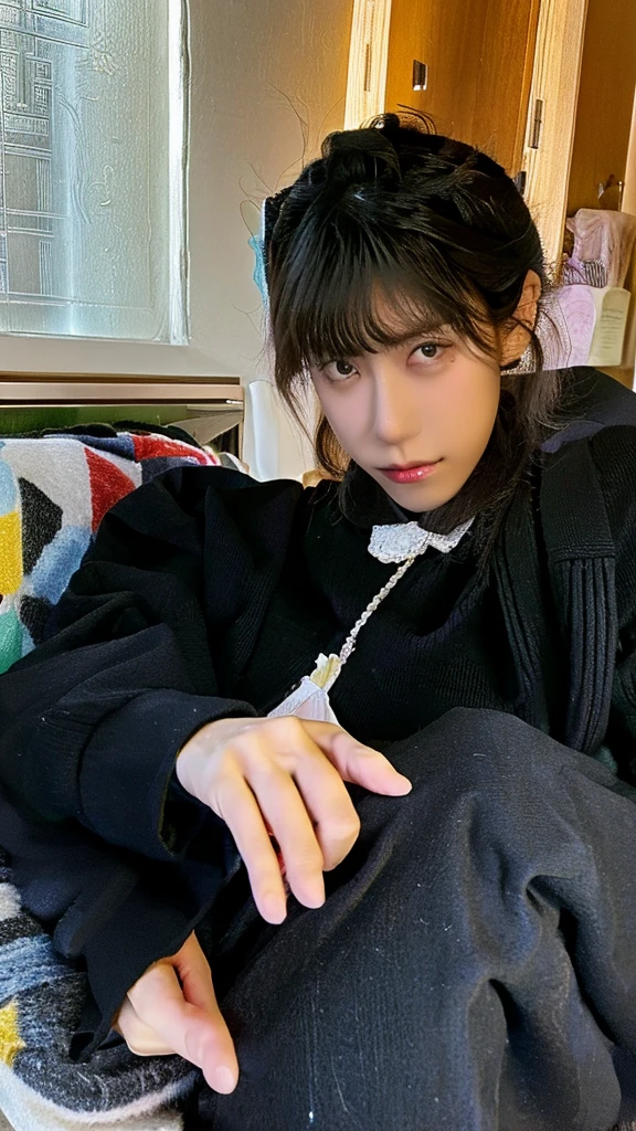 Wearing black clothes5Pulling at the white thread of a book、20-year-old male, Kiri from reproach!, takato yomamoto. 8K , Renji Murata and Artgerm, Great composition, ikuto yamashita, Masayoshi Sudo and Artgelm, Also, takato yomamoto, Pull the string with your index finger、high resolution、Real Image