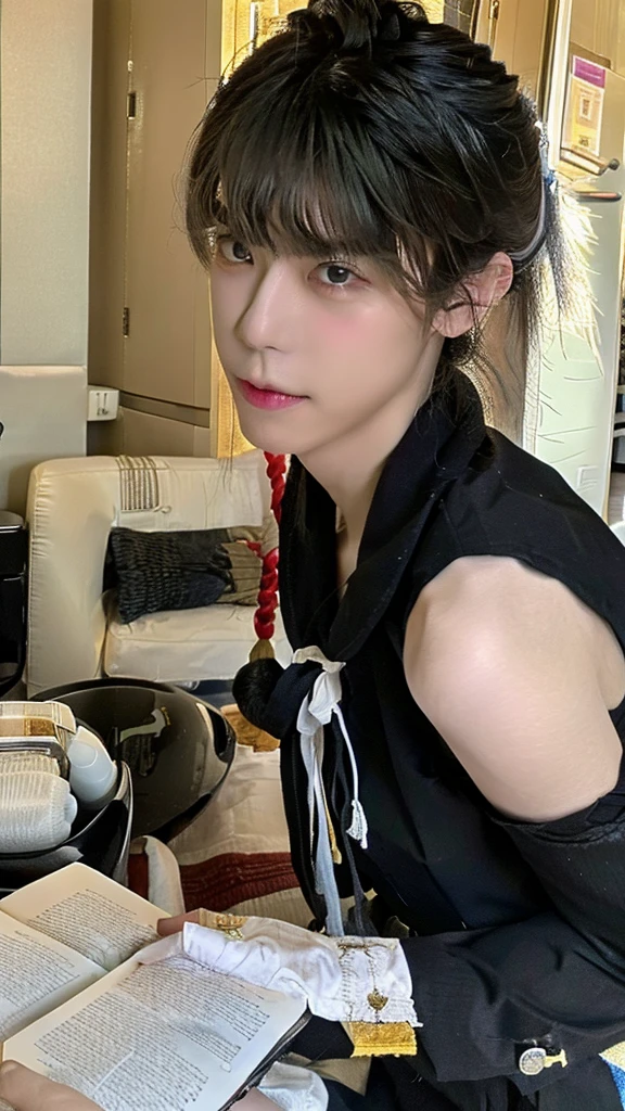 Wearing black clothes５Pulling at the white thread of a book、20-year-old male, Kiri from reproach!, takato yomamoto. 8K , Renji Murata and Artgerm, Great composition, ikuto yamashita, Masayoshi Sudo and Artgelm, Also, takato yomamoto, Pull the string with your index finger、high resolution、Real Image