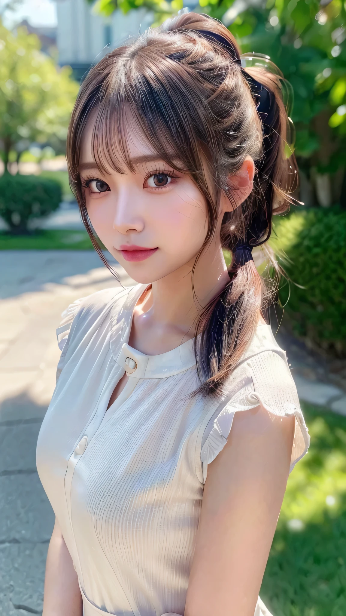 One piece with collar,outdoors,Urban Park,On the lawn,Ultra-detailed, finely detail, hight resolution, 8K Wallpaper, Perfect dynamic composition, Beautiful detailed eyes,Outdoor,Close-up of face,Outdoor,Blushing,Facing forward,,Long hair ponytail,((8k, Raw photo, Best Quality, Mastepiece:1.2), (Realism, Photorealistic:1.4), (Highly detailed 8K wallpapers), Depth of written boundary, Cinematic Lighting, Soft Light, Detailed Beauty Eye,Shiny and smooth light brown ponytail, Asymmetrical bangs, Shiny skin, Ultra-detailed skins ,It is high resolution., High detail, Detailed hairstyle, Detailed facial beauty, Hyper-realistic, Perfect limbs, Perfect Anatomy ,1 Japanese girl,Famous Japanese Idols, Perfect female body,A shy smile,Short eyelashes,Double-edged eyelids,Look straight here,Hair style: ponytail,