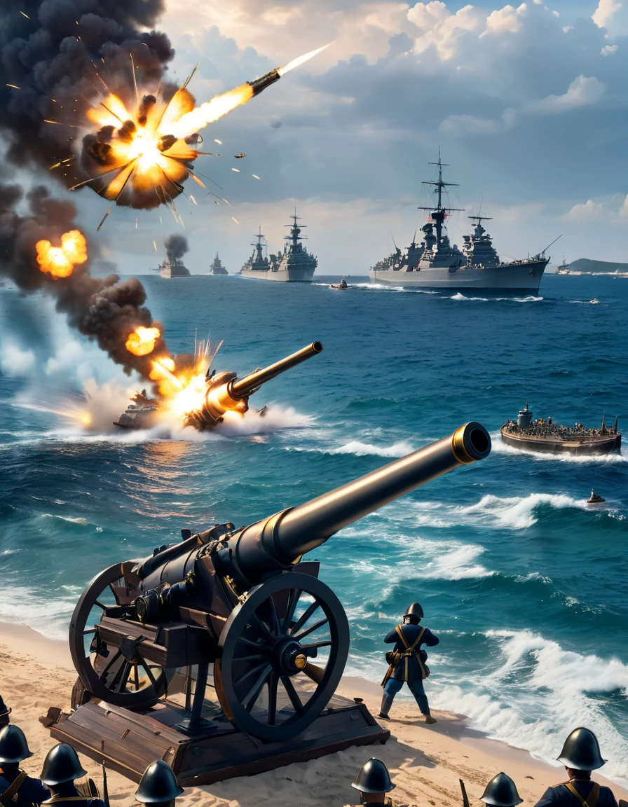 I need you to draw a first person picture of a beach battle，The six-pointed Gatling gun in the center of the picture is firing at the warship, flat, Soldiers landed from the sea，A horrific bombing. .