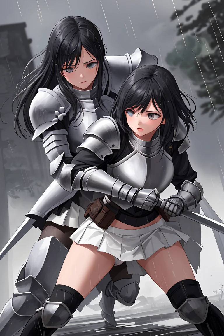 female knight Black Armor Torn white skirt White underwear Black Hair battlefield heavy rain Shortcuts In combat