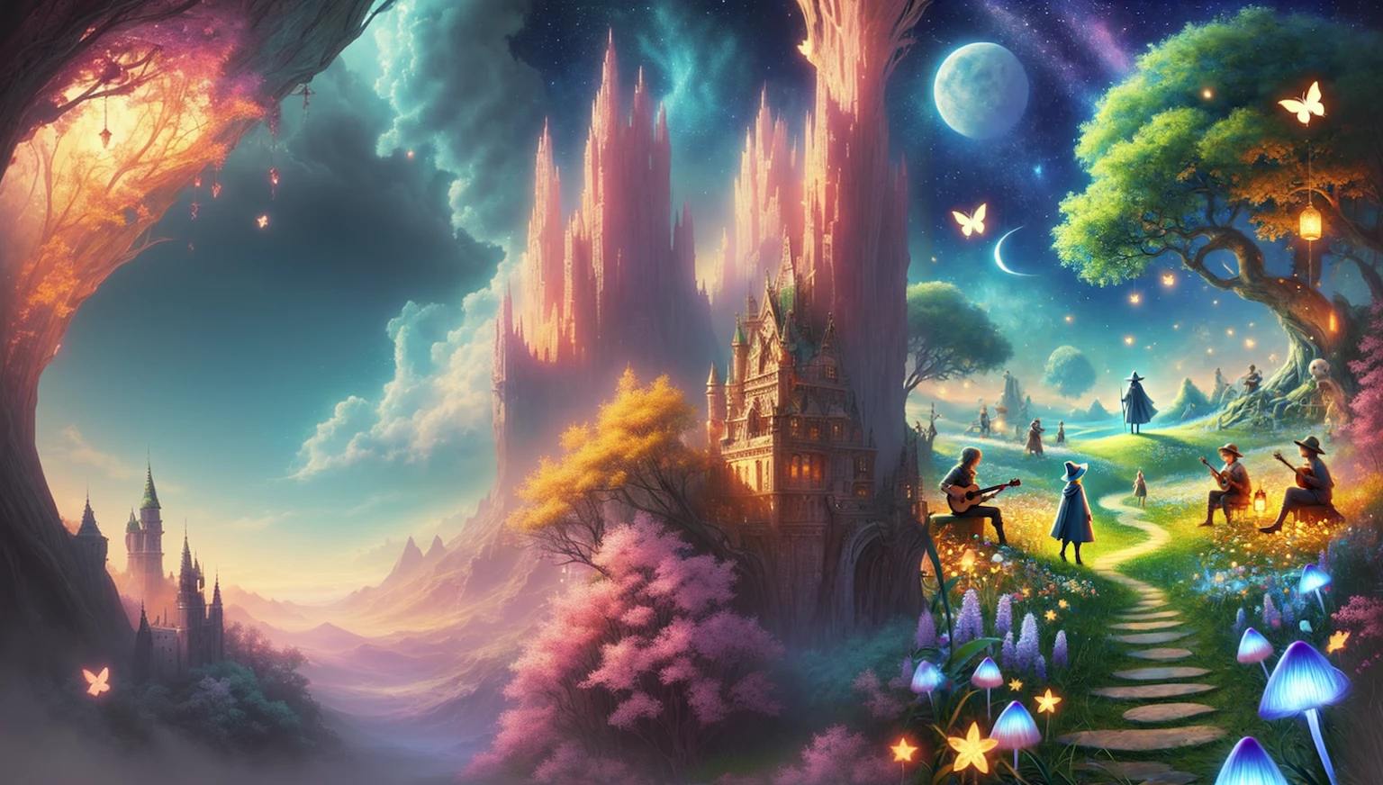 whimsical fantasy landscape art, Fantasy art style, Magical Landscapes, fantasy scene, Lost in a dreamy fairylandscape, Magic fantasy highly detailed, Background artwork, fantasy digital art, Anime fantasy illustration, Very beautiful fantasy art, Digital Art Fantasy, Fantasy Classic Digital Art, A mesmerizing magical fantasy forest