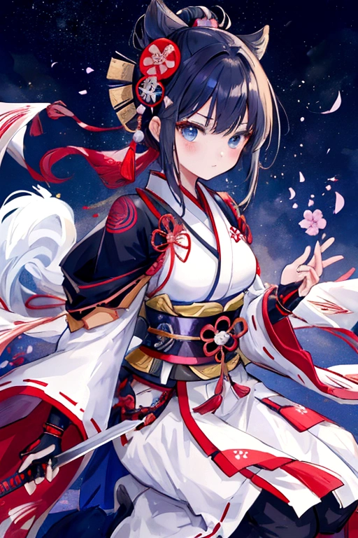 A style that combines traditional Japanese beauty with modern sensibilities.、A powerful and fantastical image。Fearless revolution and anti-war nation、Themes such as Samurai Warriors for Boys and Girls、starの光が描く歴史の物語。Elements of Sum、Boys and girls in Japanese combat uniforms in front、Holding a sword、たくさんのstar々and its shadow,night、star々、流star、Pose of fighting with a sword