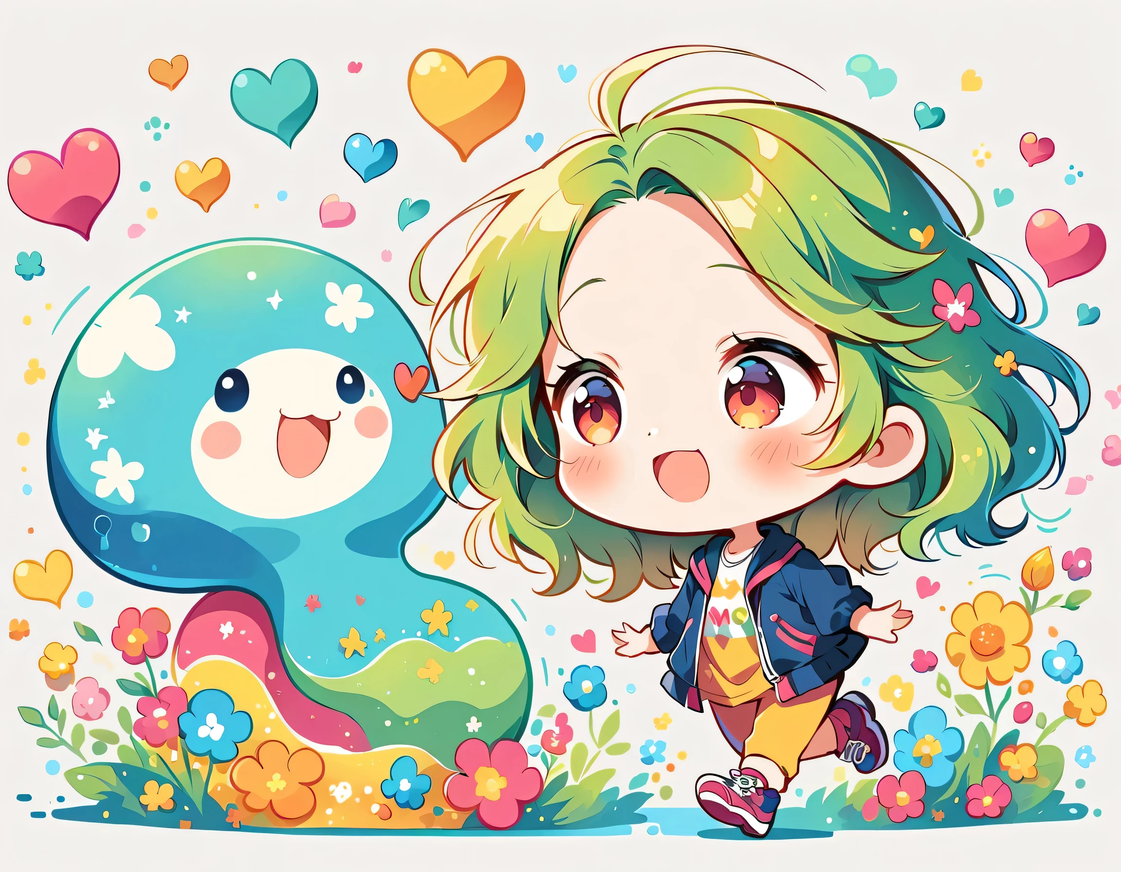 Mai Yoneyama style, Simple Line Initialism，Abstract art，Urban Background, colorful hearts ,(((The most beautiful girl of all time))), (((chibi))), (((Cute amoeba))), jogging
