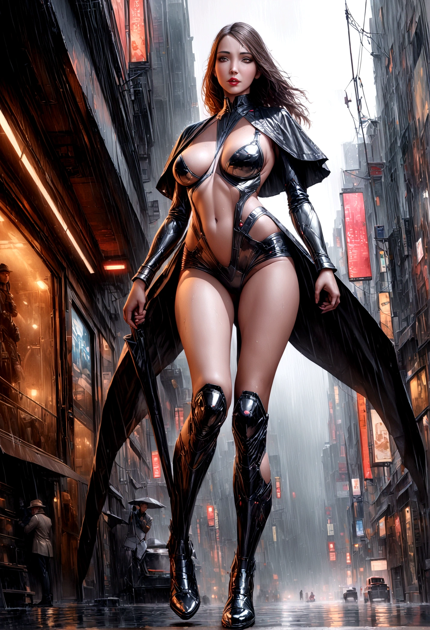 a female version of inspector gadget, cute sexy inspector 2 piece outfit, detective hat that has opened at the top and extended a robot arm holding an umbrella, downpour rain, new york, (best quality,4k,8k,highres,masterpiece:1.2),ultra-detailed,(realistic,photorealistic,photo-realistic:1.37),highly detailed,intricate details,hyper detailed,extremely detailed,extremely detailed face,beautiful detailed eyes,beautiful detailed lips,extremely detailed eyes and face,longeyelashes,cinematic lighting,dramatic lighting,dramatic rain effects,stormy sky,gloomy atmosphere,moody lighting,dark and gloomy,cyberpunk,science fiction,retrofuturistic,futuristic,high tech (show her entire body, show all of her, show her head to toe, full body shown)