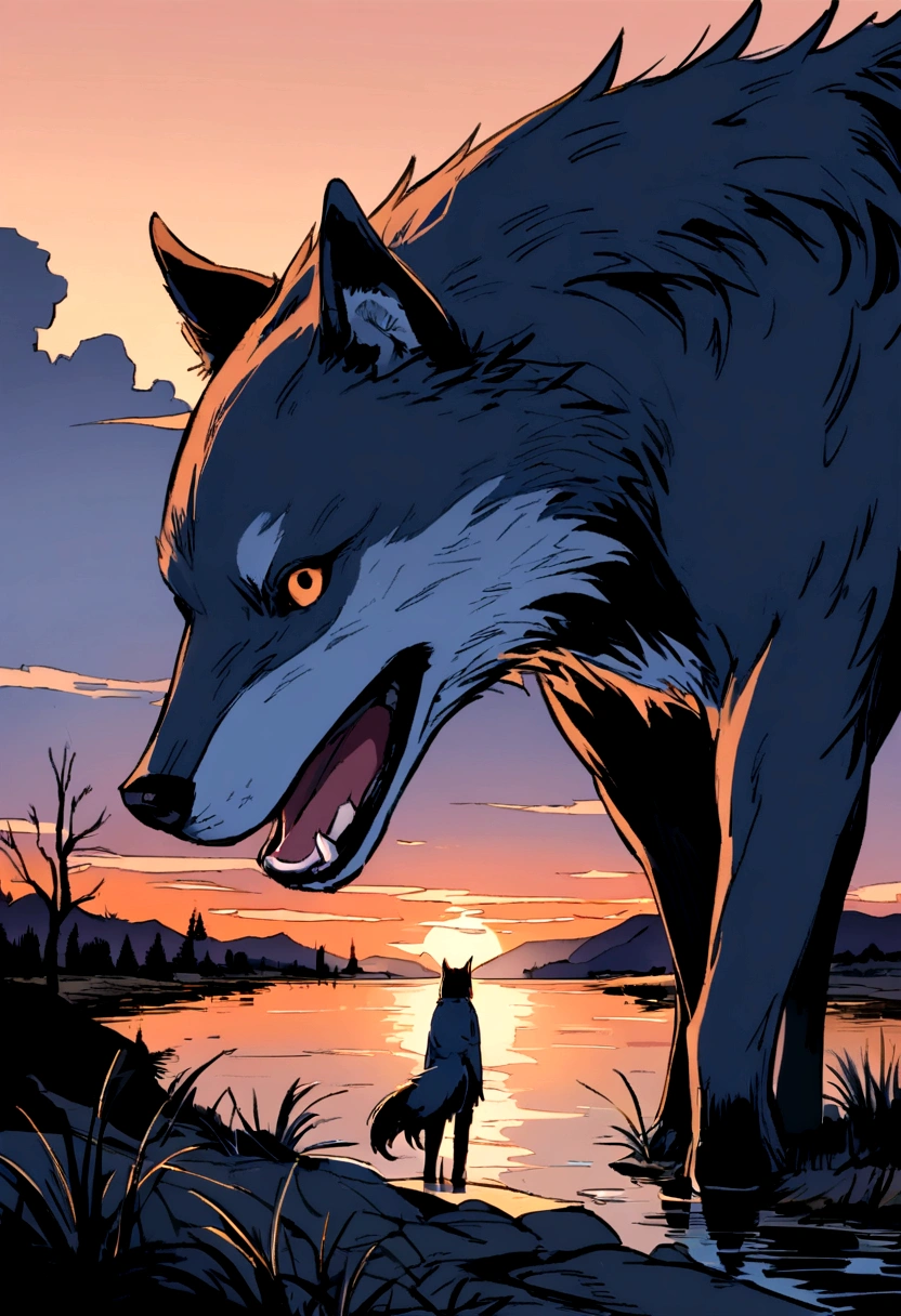 Lone Wolf by the River at Dusk