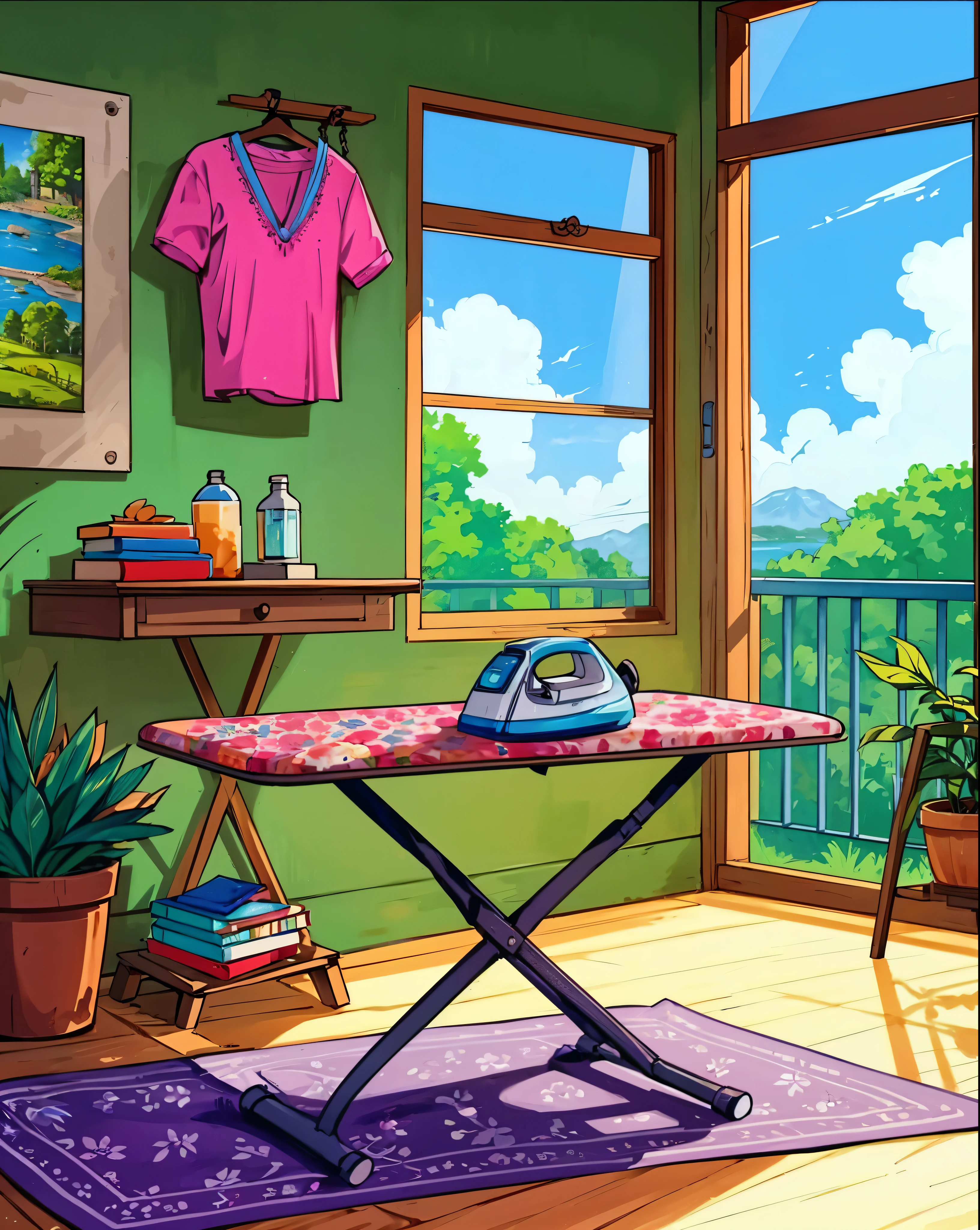 an ironing board sitting on top of a wooden table, background art, gta v loading screen art, interior background art, scenery art detailed, detailed backgrounds, very detailed backgrounds, background of flowery hill, background artwork, beautiful detailed background, very detailed background, gta loading screen art, background canon, house background, highly detailed background, magenta shirt, apartment