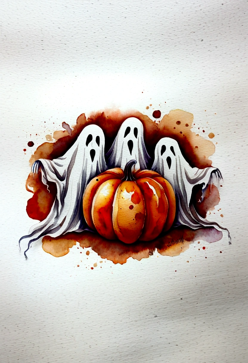 Three smiling ghosts，Wear a white hat，Holding orange pumpkin，The ground is covered with fallen autumn leaves，Autumn Texture，White background，Dotted with orange and brown。Warm tones of orange and brown，It gives a softness、Simple feeling。Hand drawn watercolor illustration。The picture quality is clear，color