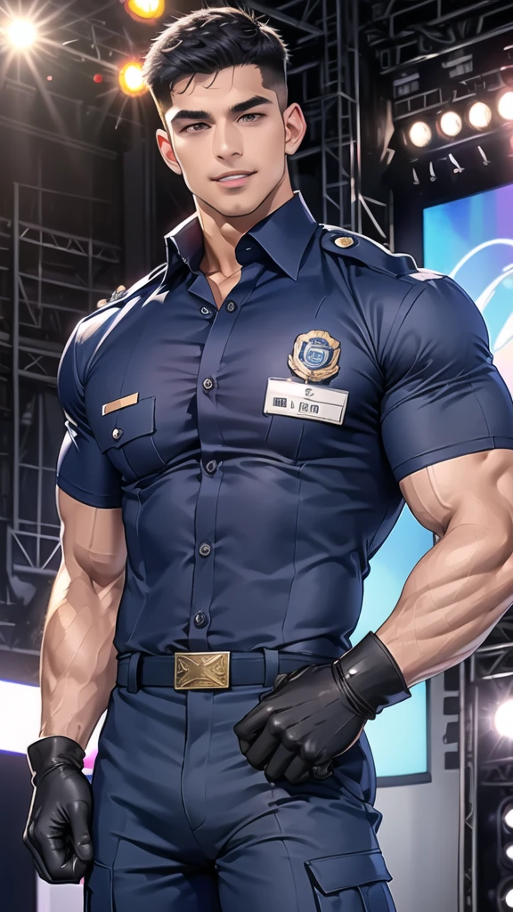 handsome man,(crew cut short hair:1.2),black eye,smile,open mouth (navy police uniform:1.2),(open shirt short sleeves:1.2),collar,(shirt covered over:1.2),(name tag and Police badge:1.2),(shirt no buttons:1.1),(black_gloves:1.3), (Navy blue cargo:1.2),Korean guy,korean men,(High gloss details),(chest muscles:1.2),(large arm muscles:1.2),blood vessel,Big muscles,Broad shoulders,looking at the audience,Balancing the eyes,middle of the road,(stage:1.4)