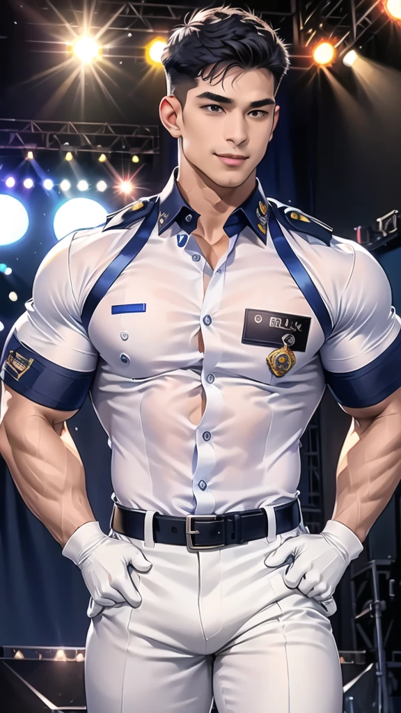 handsome man,(crew cut short hair:1.2),black eye,smile,open mouth (navy police uniform:1.2),(open shirt short sleeves:1.2),collar,(shirt covered over:1.2),(name tag and Police badge:1.2),(shirt no buttons:1.1),(black_gloves:1.3), (Navy blue cargo:1.2),Korean guy,korean men,(High gloss details),(chest muscles:1.2),(large arm muscles:1.2),blood vessel,Big muscles,Broad shoulders,looking at the audience,Balancing the eyes,middle of the road,(stage:1.4)