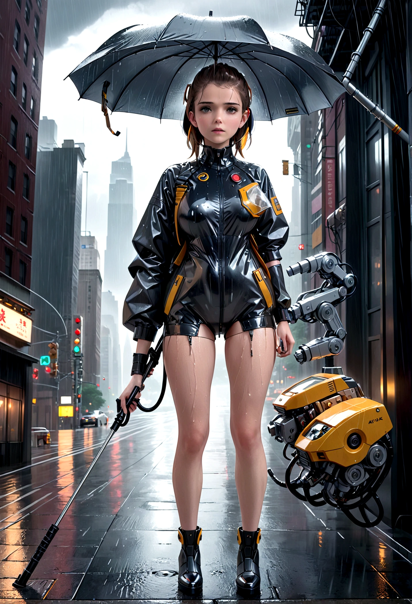a female (Kate Mara age 25) version of inspector gadget, cute sexy inspector 2 piece outfit (over exposed), detective hat that has opened at the top and extended a robot arm holding an umbrella, downpour rain, new york, (best quality,4k,8k,highres,masterpiece:1.2),ultra-detailed,(realistic,photorealistic,photo-realistic:1.37),highly detailed,intricate details,hyper detailed,extremely detailed,extremely detailed face,beautiful detailed eyes,beautiful detailed lips,extremely detailed eyes and face,longeyelashes,cinematic lighting,dramatic lighting,dramatic rain effects,stormy sky,gloomy atmosphere,moody lighting,dark and gloomy,cyberpunk,science fiction,retrofuturistic,futuristic,high tech (show her entire body, show all of her, show her head to toe, full body shown)
