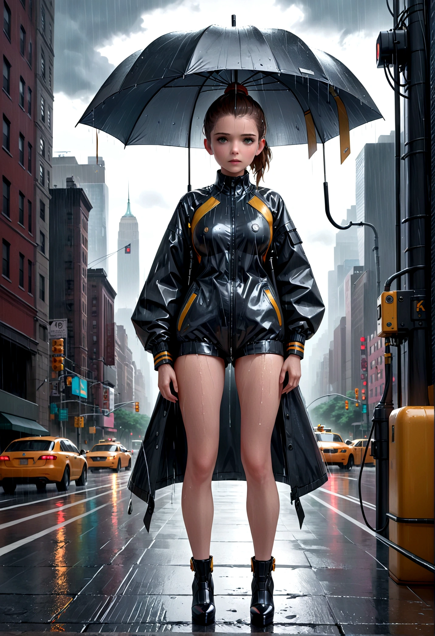 a female (Kate Mara age 25) version of inspector gadget, cute sexy inspector 2 piece outfit (over exposed), detective hat that has opened at the top and extended a robot arm holding an umbrella, downpour rain, new york, (best quality,4k,8k,highres,masterpiece:1.2),ultra-detailed,(realistic,photorealistic,photo-realistic:1.37),highly detailed,intricate details,hyper detailed,extremely detailed,extremely detailed face,beautiful detailed eyes,beautiful detailed lips,extremely detailed eyes and face,longeyelashes,cinematic lighting,dramatic lighting,dramatic rain effects,stormy sky,gloomy atmosphere,moody lighting,dark and gloomy,cyberpunk,science fiction,retrofuturistic,futuristic,high tech (show her entire body, show all of her, show her head to toe, full body shown)