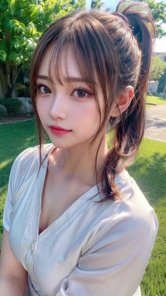 One piece with collar,outdoors,Urban Park,On the lawn,Ultra-detailed, finely detail, hight resolution, 8K Wallpaper, Perfect dynamic composition, Beautiful detailed eyes,Outdoor,Close-up of face,Outdoor,Blushing,Facing forward,,Long hair ponytail,((8k, Raw photo, Best Quality, Mastepiece:1.2), (Realism, Photorealistic:1.4), (Highly detailed 8K wallpapers), Depth of written boundary, Cinematic Lighting, Soft Light, Detailed Beauty Eye,Shiny and smooth light brown ponytail, Asymmetrical bangs, Shiny skin, Ultra-detailed skins ,It is high resolution., High detail, Detailed hairstyle, Detailed facial beauty, Hyper-realistic, Perfect limbs, Perfect Anatomy ,1 Japanese girl,Famous Japanese Idols, Perfect female body,A shy smile,Short eyelashes,Double-edged eyelids,Look straight here,Hair style: ponytail,