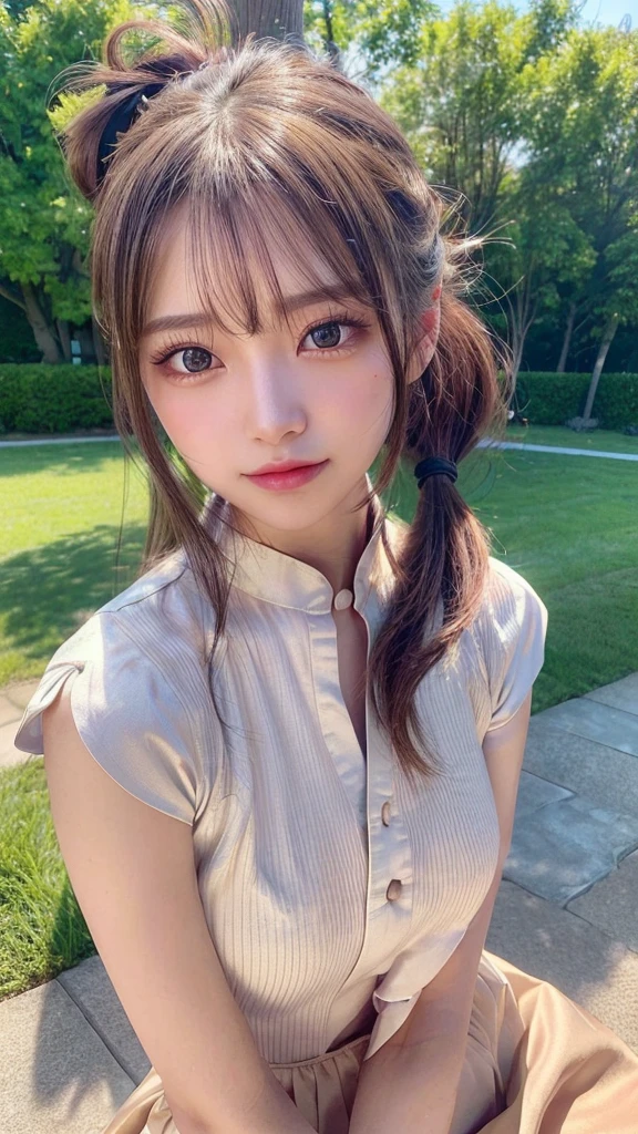 One piece with collar,outdoors,Urban Park,On the lawn,Ultra-detailed, finely detail, hight resolution, 8K Wallpaper, Perfect dynamic composition, Beautiful detailed eyes,Outdoor,Close-up of face,Outdoor,Blushing,Facing forward,,Long hair ponytail,((8k, Raw photo, Best Quality, Mastepiece:1.2), (Realism, Photorealistic:1.4), (Highly detailed 8K wallpapers), Depth of written boundary, Cinematic Lighting, Soft Light, Detailed Beauty Eye,Shiny and smooth light brown ponytail, Asymmetrical bangs, Shiny skin, Ultra-detailed skins ,It is high resolution., High detail, Detailed hairstyle, Detailed facial beauty, Hyper-realistic, Perfect limbs, Perfect ??????? ,1 Japanese girl,Famous Japanese Idols, Perfect female body,A shy smile,Short eyelashes,Double-edged eyelids,Look straight here,Hair style: ponytail,