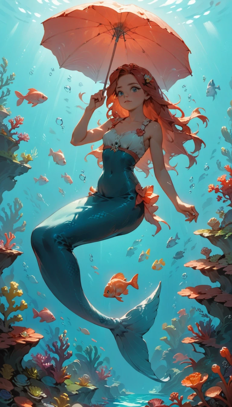 Minimalist Travel，diving，mermaid，Ariel、The girl is holding an umbrella and putting her hand on her cheek, Gazing into the distance, Thoughtful、Striking a dreamy pose, Conveying serenity and depth, Dutch Angle,Minimalism, In the beautiful coral reef, Colorful small fish、Beautiful sunlight、prism、shape.