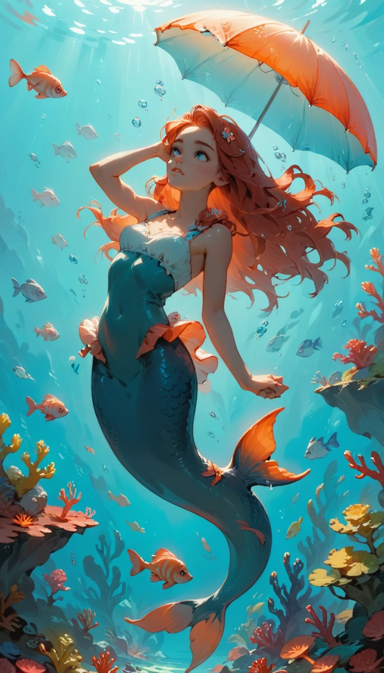 Minimalist Travel，diving，mermaid，Ariel、The girl is holding an umbrella and putting her hand on her cheek, Gazing into the distance, Thoughtful、Striking a dreamy pose, Conveying serenity and depth, Dutch Angle,Minimalism, In the beautiful coral reef, Colorful small fish、Beautiful sunlight、prism、shape.