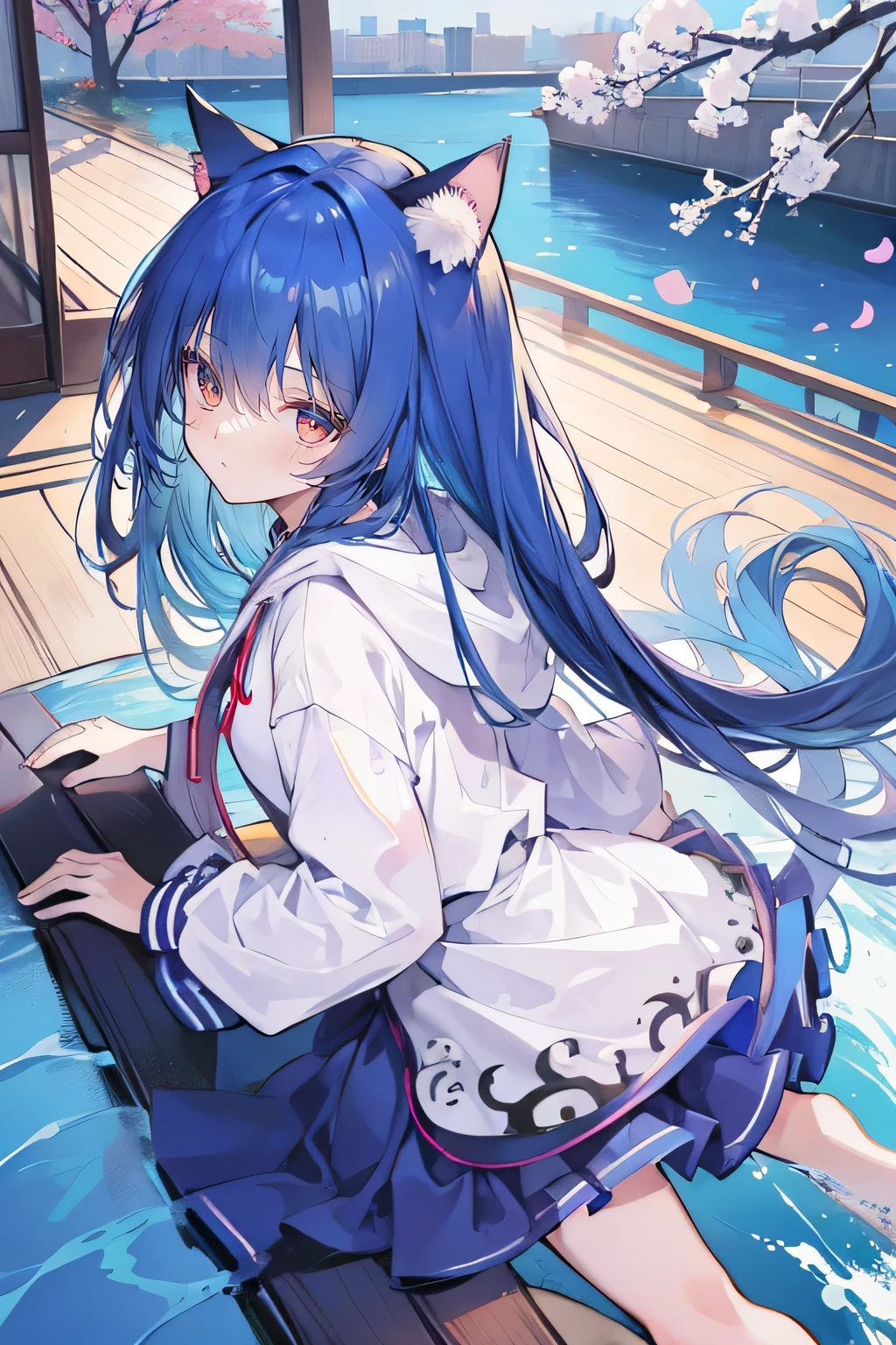 (masterpiece:1.2),Super detailed,lifelike,Expressive eyes,fair skin,perfect face shape,1 girl,
Japanese comics,Gorgeous blue hair,flowing blue hair,flowing clothes,Cat ears,Petals fall,beautiful lola,Baby Angel,
Shaking head with one hand,Cross your legs,Gentle and peaceful background,The pavilion is cool and comfortable,smile, wearing hoodie, background of tokyo,back views,snowing, winter,lie on the water.