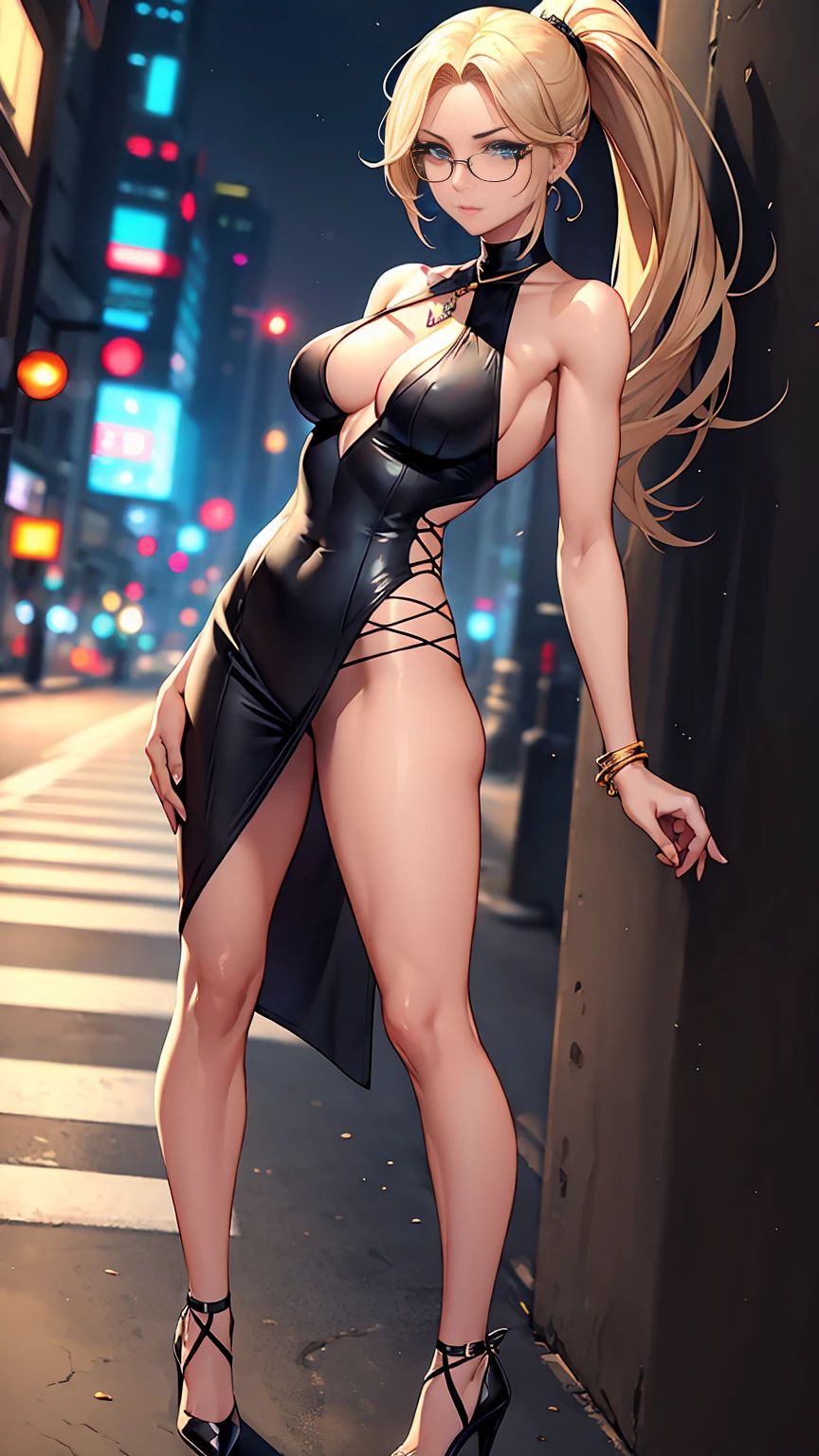 Beautiful woman with mid straight wavy ponytail blond hair with blue eyes wearing a Mock Neck Cut Out Tight And Short Dress, Sexy Criss Cross Mock Neck Dress With Short Sleeves, luxurious jewelry and luxurious necklace, rimless glasses, high heel shoes, standing in the street at night, (caucasian skin), (light brown lipstick), (elegant mascara), (slim body with abs), (small breasts), (wide hips), midjourney, <lora:GoodHands-, <lora:GoodLegs-, UHD, high resolution, (masterpiece:1.9, best quality), (expressive eyes, perfect face, full body, expressive face, perfect body, perfect pussy, athletic, fit, slim body, blushing, Perfect makeup, eyeliner, beautiful eyelashes, smiling, horny face), ((best illumination, best shadows)), ((sexy pose))