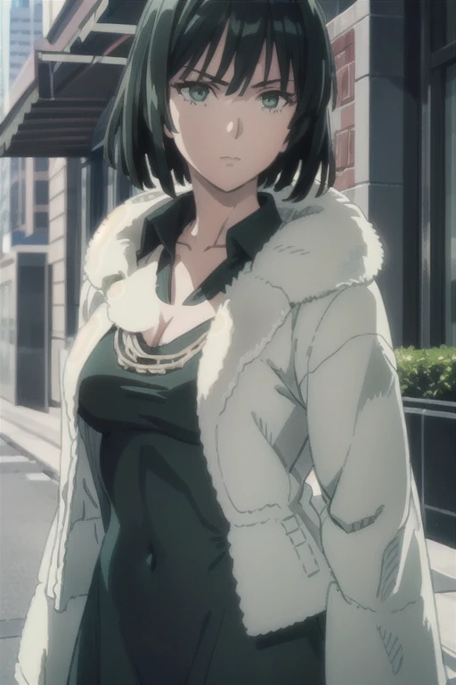 (((pixel-perfect, detail-perfect))), solo, 1girl, fubuki, fur coat, long skirt, collared dress, collarbone, necklace, looking at viewer, closed mouth