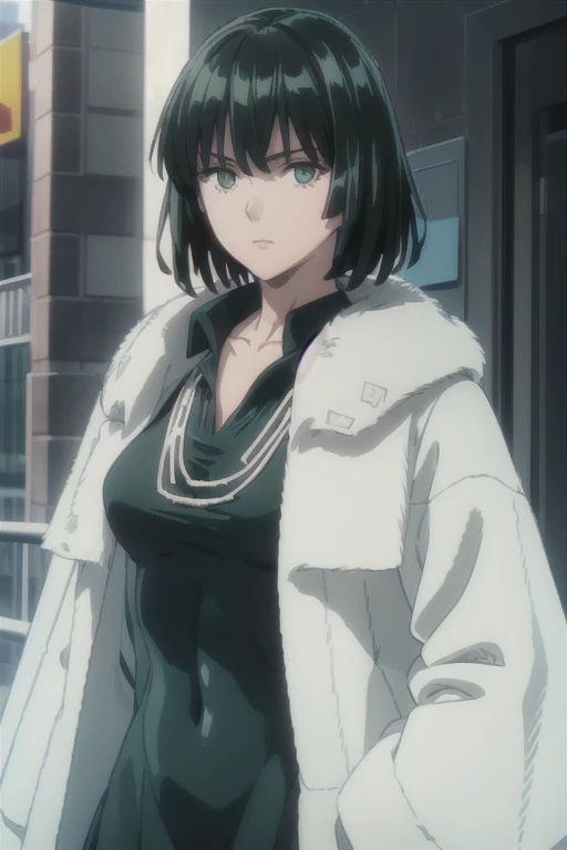 (((pixel-perfect, detail-perfect))), solo, 1girl, fubuki, fur coat, long skirt, collared dress, collarbone, necklace, looking at viewer, closed mouth