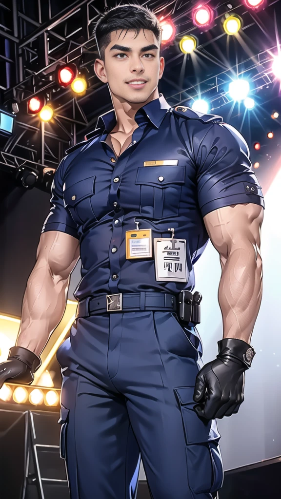 handsome man,(crew cut short hair:1.2),black eye,smile,open mouth (navy police uniform:1.2),(open shirt short sleeves:1.2),collar,(shirt covered over:1.2),(name tag and Police badge:1.2),(shirt no buttons:1.1),(black_gloves:1.3), (Navy blue cargo:1.2),Korean guy,korean men,(High gloss details),(chest muscles:1.2),(large arm muscles:1.2),blood vessel,Big muscles,Broad shoulders,looking at the audience,Balancing the eyes,middle of the road,(stage:1.4)