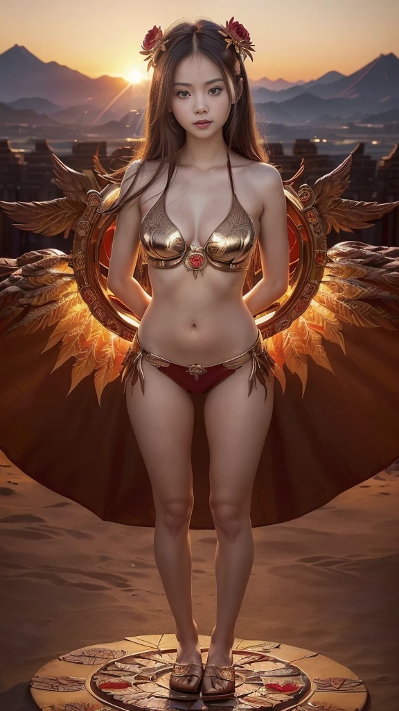 (((work of art, best qualityer: 1.2), A girl with phoenix wings standing in a ring of fire, beautiful and symmetrical face, with bright red eyes, phoenix, lotus flowers, red rose gold, gold mini underwear, Mountain sunrise to the bottom, Ancient porcelain buildings)),sexy and seductive look
